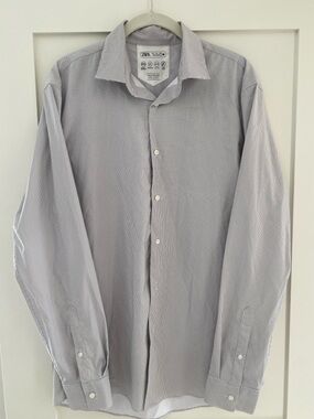 Zara Men's Long-Sleeve Micro-Check Dress Shirt - Light Gray